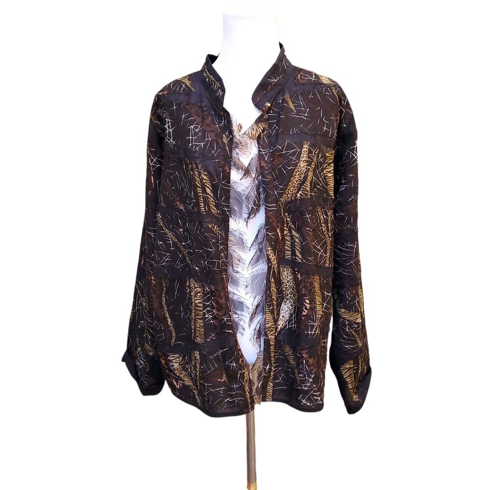 Chicos Sz 3 Open Front Jacket Burnout Raw Edge Silk Jungle Chico's XL 16